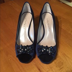 Blue Satin Embellished Peep-Toe Shoes